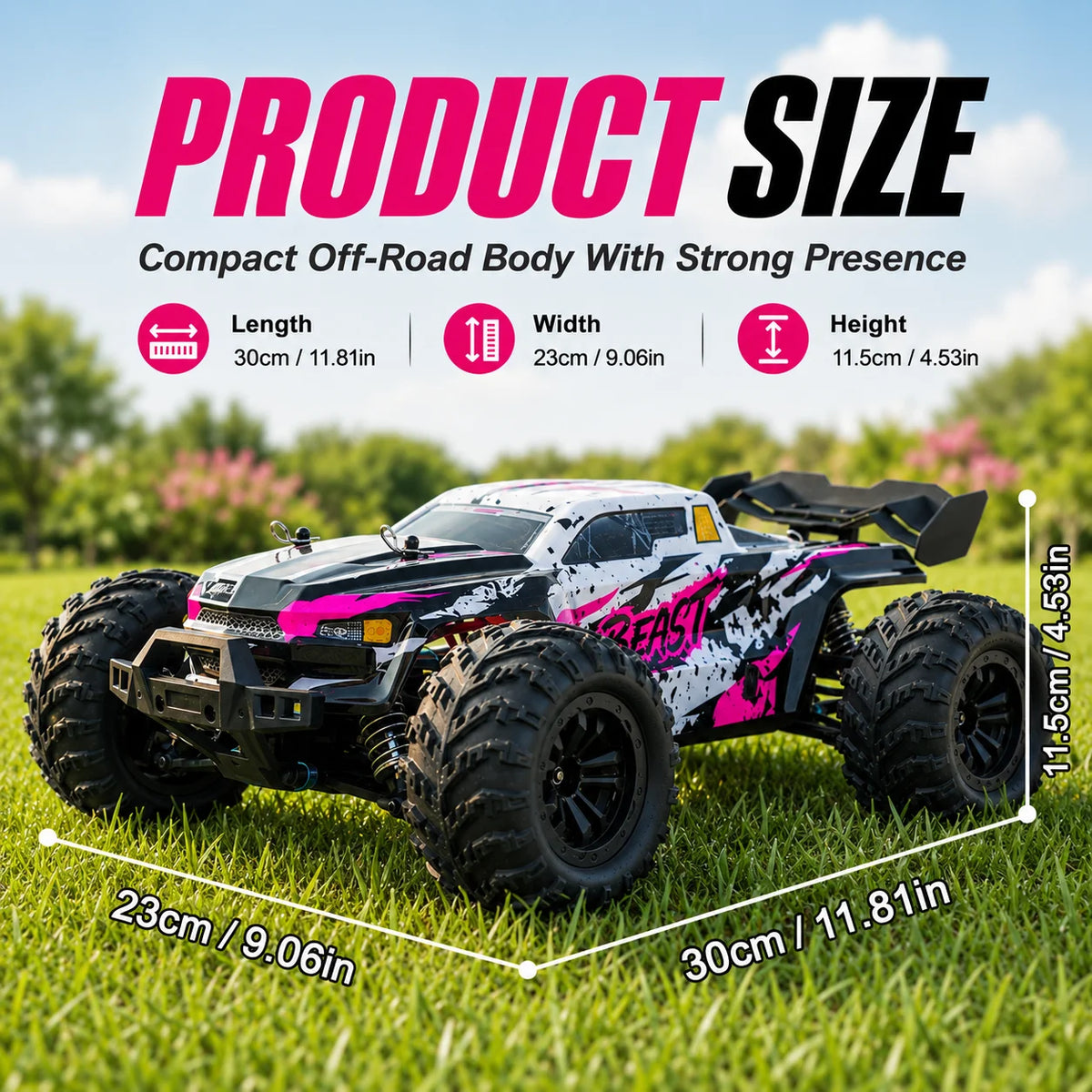 ZNLYRION 4WD Brushless RC Off-Road Monster Truck 2.4GHz 3-Speed Adjustable Remote Control Car with LED Headlights, All Terrain Big Tire Hobby RC Vehicle 2 Rechargeable Batteries RTR Toy for Adults Teens