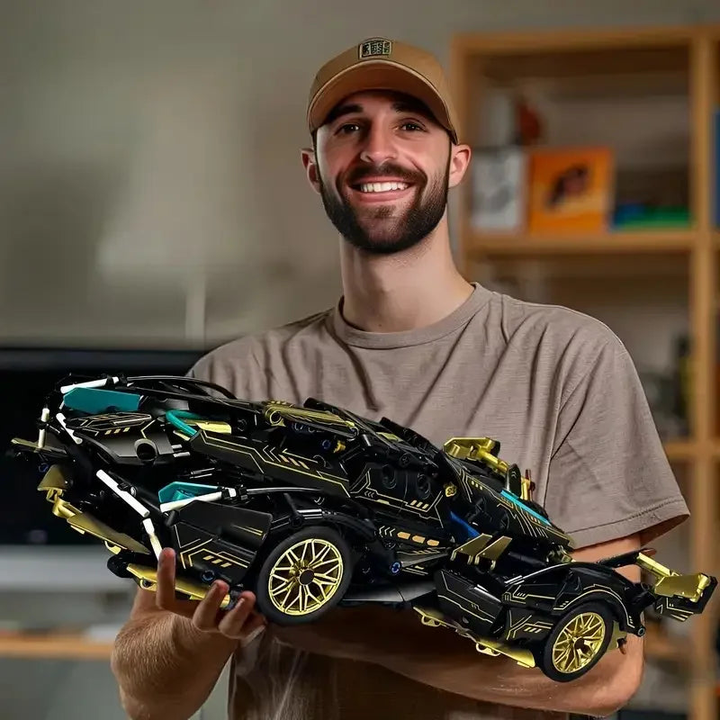 A 523-piece set of black and gold, aerodynamic sports car DIY building blocks, suitable for office/home decor and assembly toys.