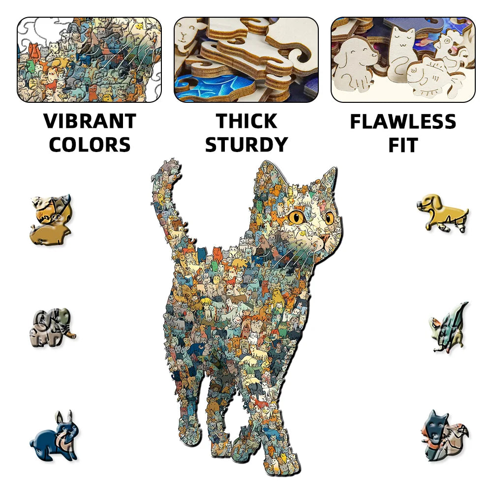 Wooden Cat Jigsaw Puzzle: Exquisite Gift, Thick Sturdy Pieces, Vibrant Colors, Home Decor & Family Fun Challenging Puzzle