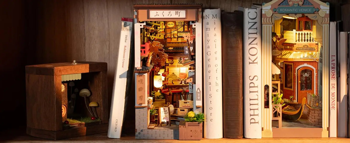 Robotime Sakura Wine Alley DIY Booknook with Lights DIY Miniature Dolls House Kit 3D Wooden Puzzle Bookend Bookshelf Decor Gift