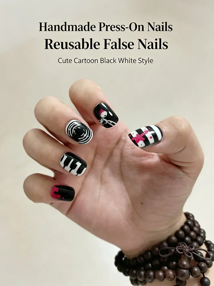 Sweet Cool Y2K Black White Contrast Press On Nails With Heart Music Note Cartoon Bear Print Unique Minority Reusable