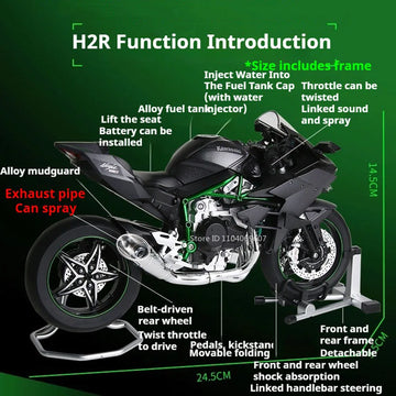 1:9 Scale H2R Motorcycle Model Toy Car Alloy Body Ignitable Start Spray Motor Models Shock Absorption Vehicles for Boys Toys