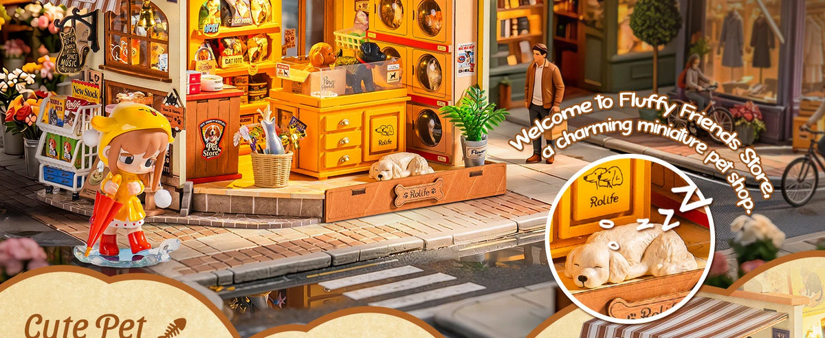 Rolife DIY Miniature House Kit Pet Store Dollhouse Wooden 3D Puzzle Model Building Kit with LED Light for Home Decor Suitable for Adults and Kids