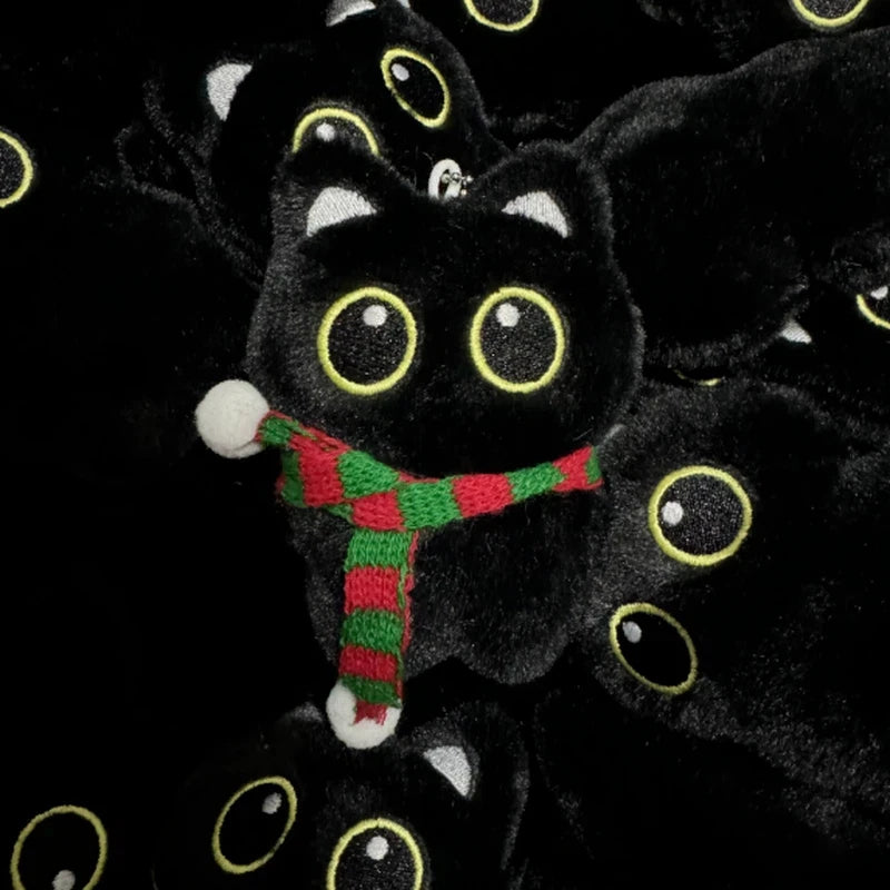 New Kawaii Big Eyes Cat Plush Doll With Scarf Black Cat Keychain Bag Pendant Cartoon Kitten Ornament Holiday Gift For Dear