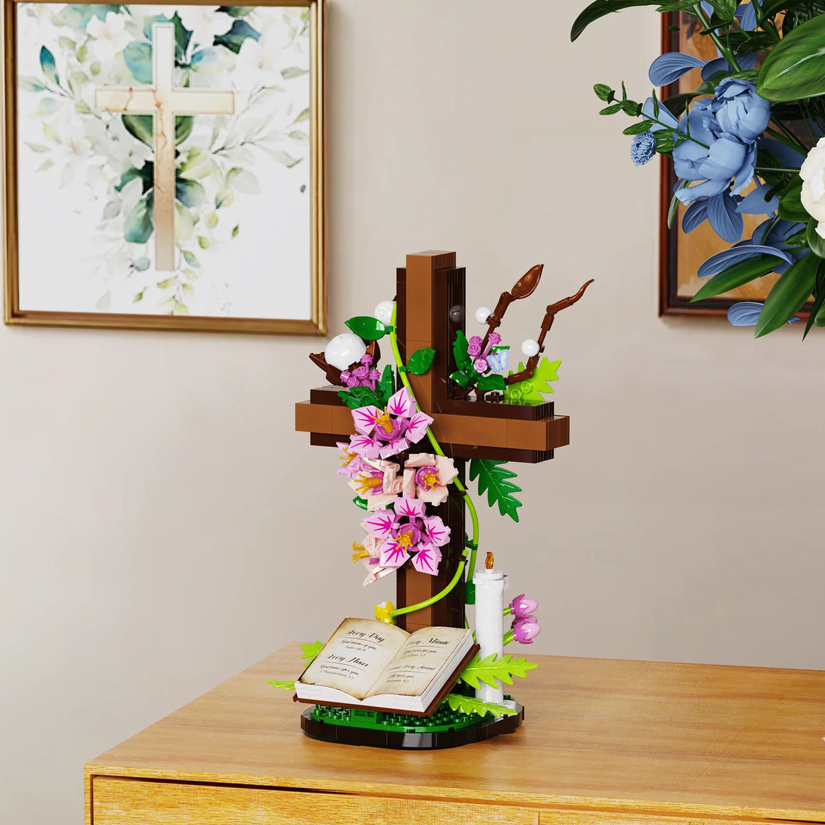 Jesus Cross Flower Building Set,Religious Cross Collectibles Blocks Toys Christmas, Christian, Birthday Gifts for Mothers, Women