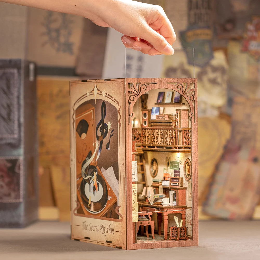 CUTEBEE DIY Book Nook Miniature Dollhouse Booknook with Touch Light Dust Cover Bookshelf Insert for Decor Gifts Secret Rhythm