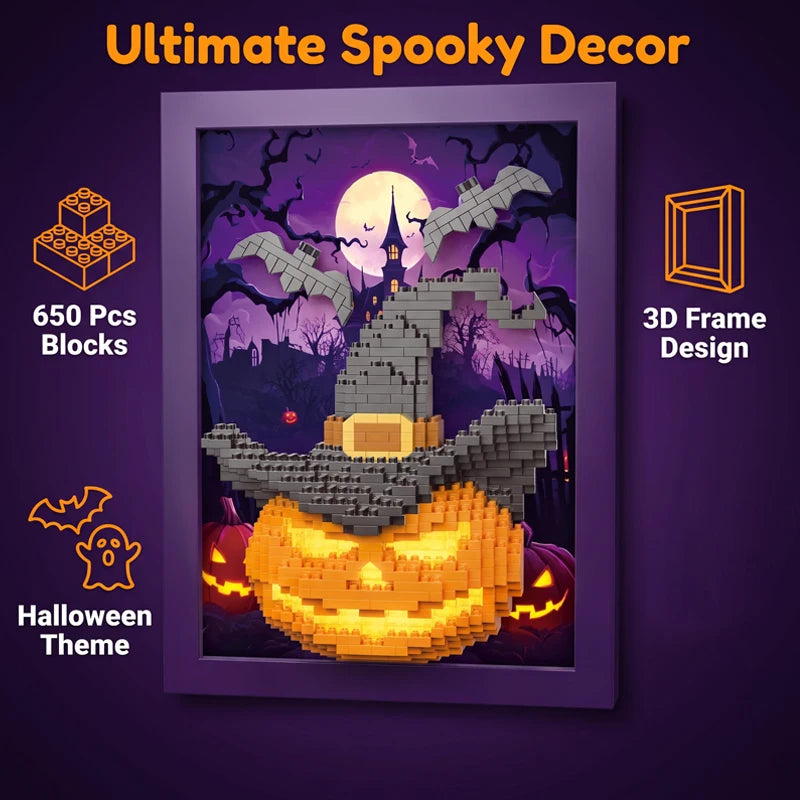 3D Halloween Pumpkin Building Blocks DIY Photo Frame Assembly Home Decor Construction Bricks Desktop Decoration Model Adult Gift