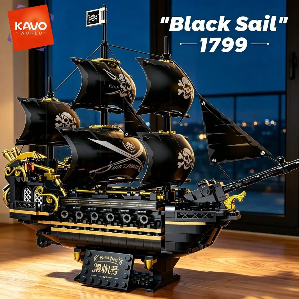 KAVOWORLD 1799 Black Sailing Pirate Ship Building Set 801PCS 3-Masted Pirate Ship Model Building Blocks Kit Collectible Display Construction Toy with Heavy Cannons & Display Base DIY Assembly Desktop Decor for Home Office, Ch