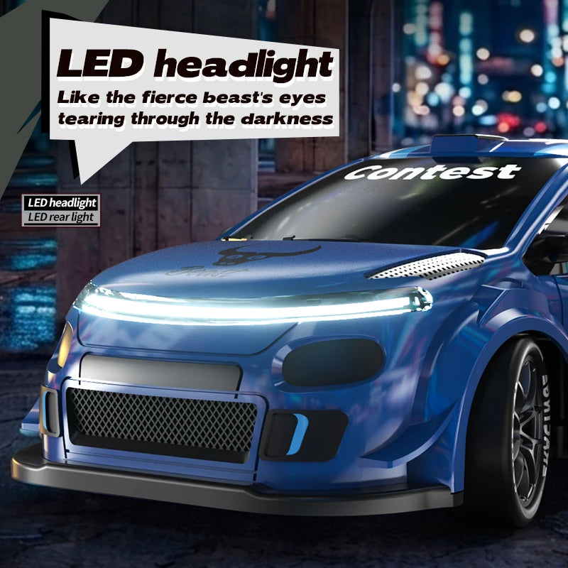 1:24 Scale 4WD Drift RC Car 2.4G Remote Pearl Finish Large Tail Fin Replaceable Racing Drift Wheel Front Rear LED Light Toy Car