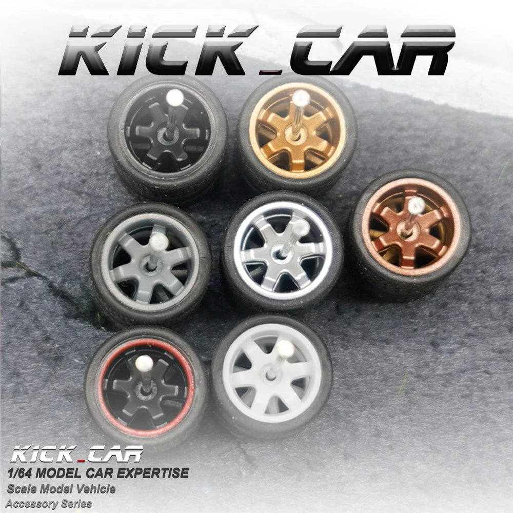 1/64 Wheels with Fixed Black Rubber Tires Six Spoke for Toy Model Diecast Cars Refitting Parts for MINIGT (5 Sets for 5 Cars)