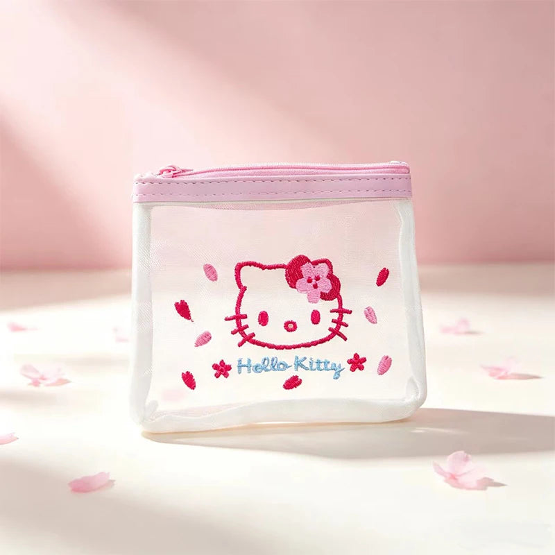 Hello Kitty Cartoon Peripheral Women's Makeup Storage Bag, Cute Hello Kitty Storage Bag with White Mesh and Pink Embroidery