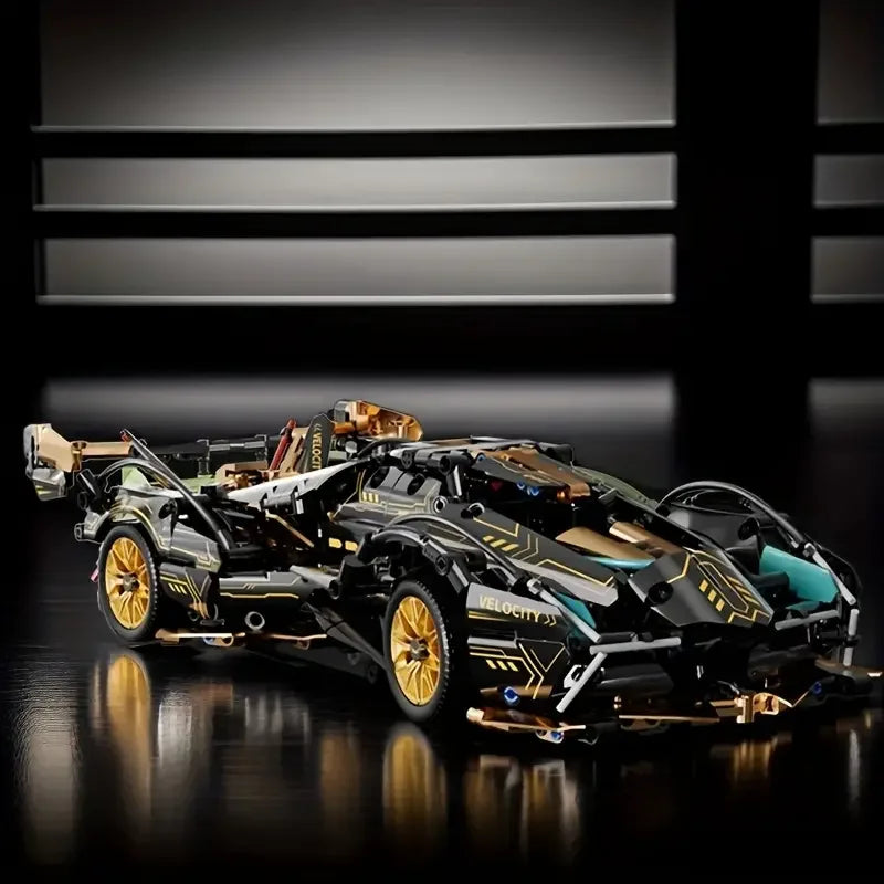 A 523-piece set of black and gold, aerodynamic sports car DIY building blocks, suitable for office/home decor and assembly toys.