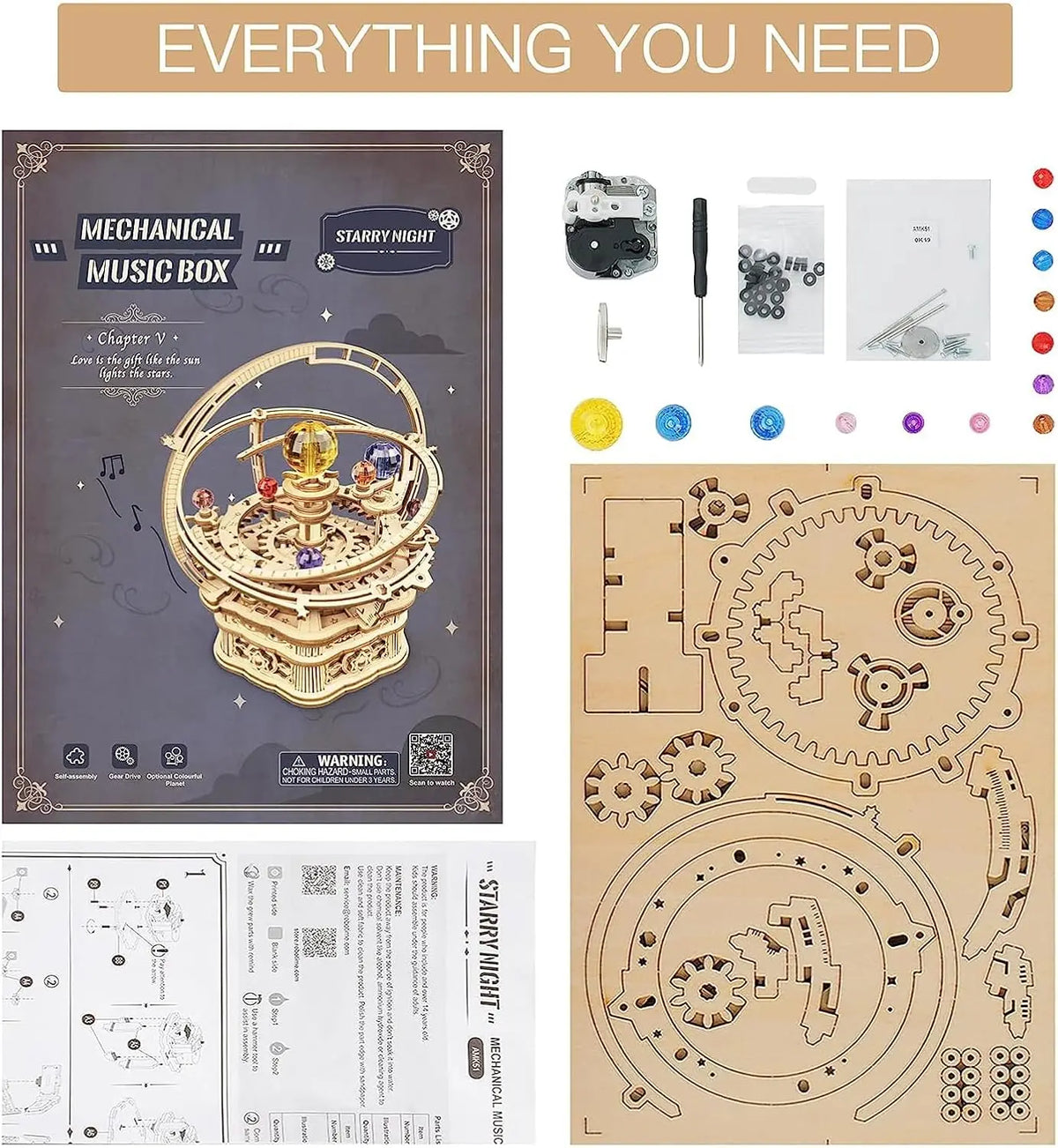 Robotime Music Box 3D Puzzle Wooden Model Kits Mechanical Building Construction Craft Kits Laser Cut Jigsaw Starry Night for Adults