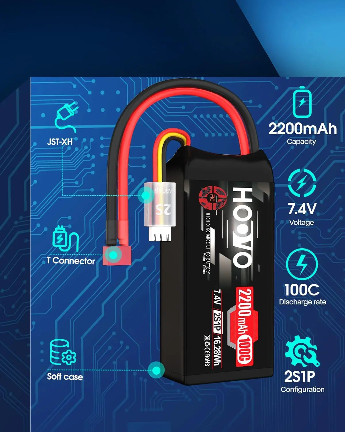 HOOVO 2S RC Battery 2200mAh 100C 7.4V Shorty RC Lipo Battery with T Connector for RC Airplane Quadcopter FPV Racing Drone Car