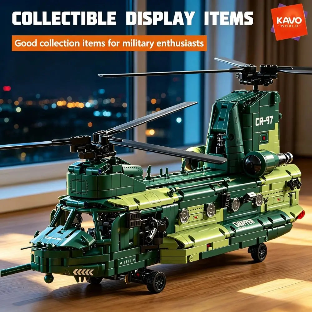 KAVOWORLD 1826pcs 32inch Heavy Transport Helicopter Building Block Model Airplane Toy Set Easy DIY Assembly Aircraft Building Bricks Model Tandem Rotor Construction Kit Display Toy As Halloween Christmas Thanksgiving New Year