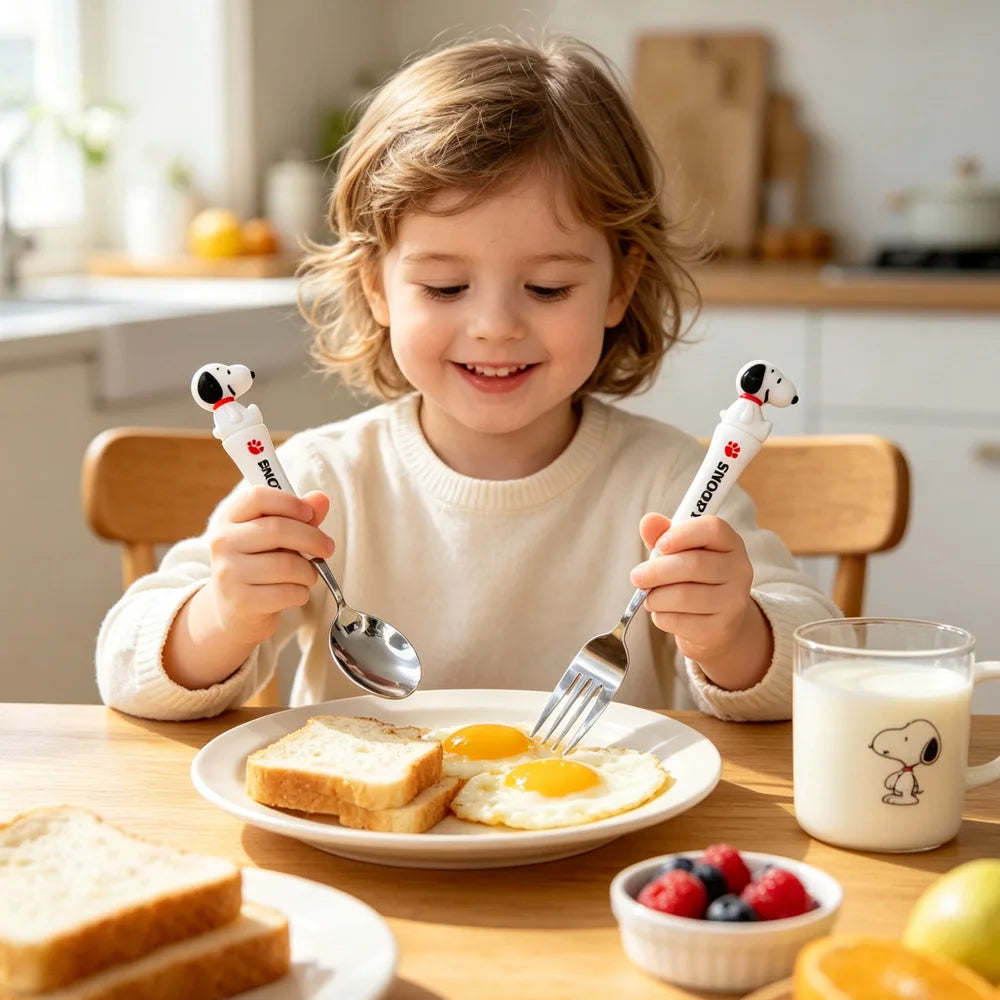 Kids Funny Fork Spoon Set Peanuts Snoopy ABS Handle Stainless Steel Tableware Set Fork Spoon With Box House Stuff Kids Gifts