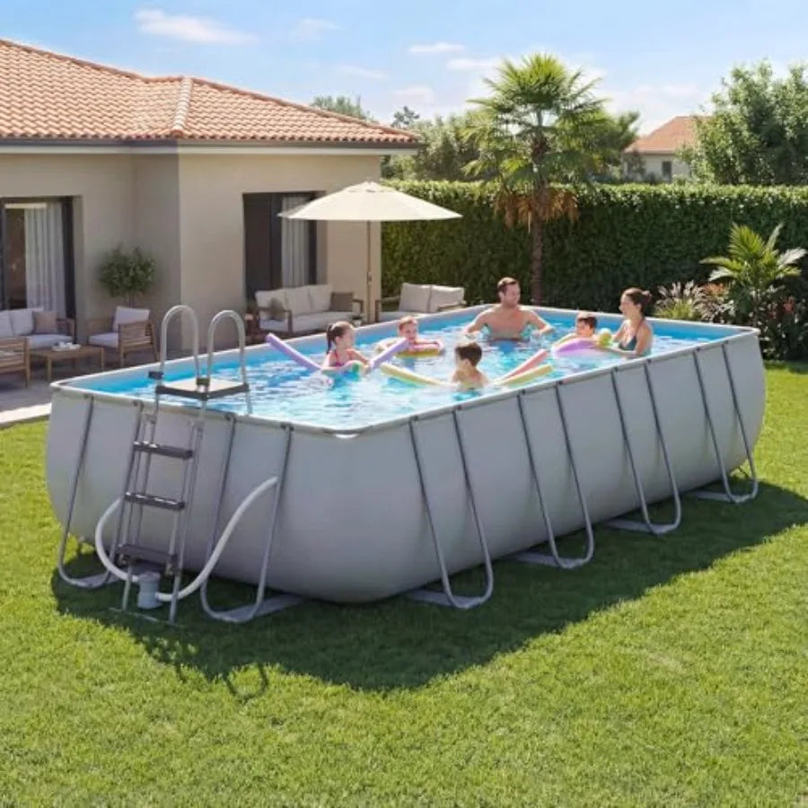 20' x 11' x 47 Rectangular Frame Pool Set with Sand Filter Pump and Removable Ladder Large Swimming Pool for Backyard Gray
