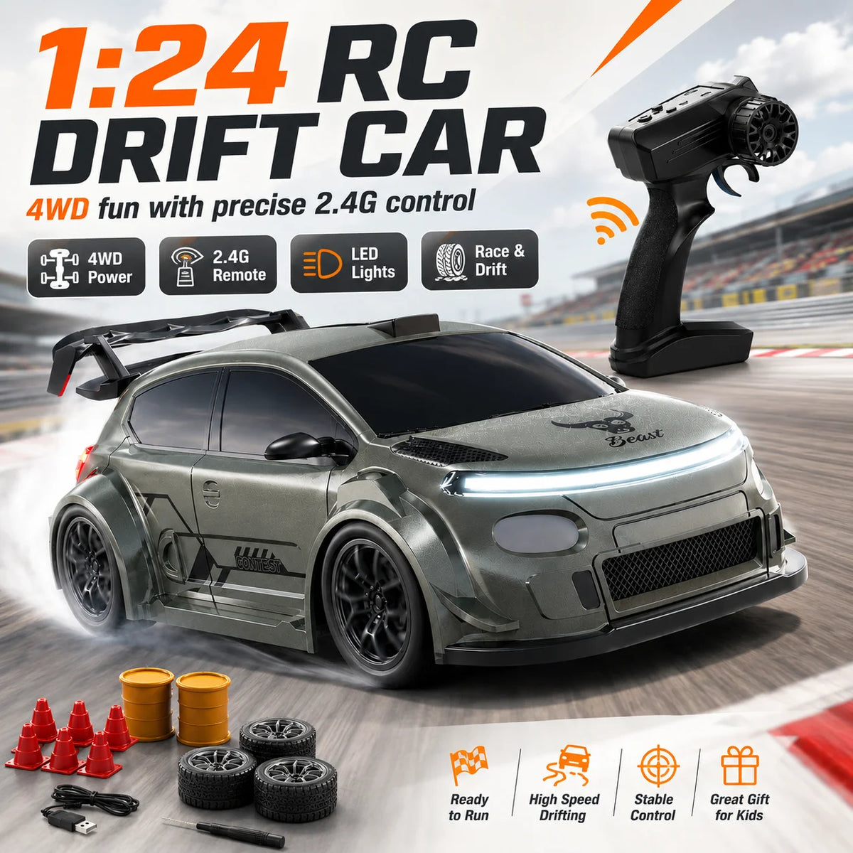 ZNLYRION SG718 1: 24 Scale 4WD RC Drift Car With Replaceable Racing Drift Tires LED Headlights Taillight Sport Rear Wing Remote Control Racing Vehicle Toy