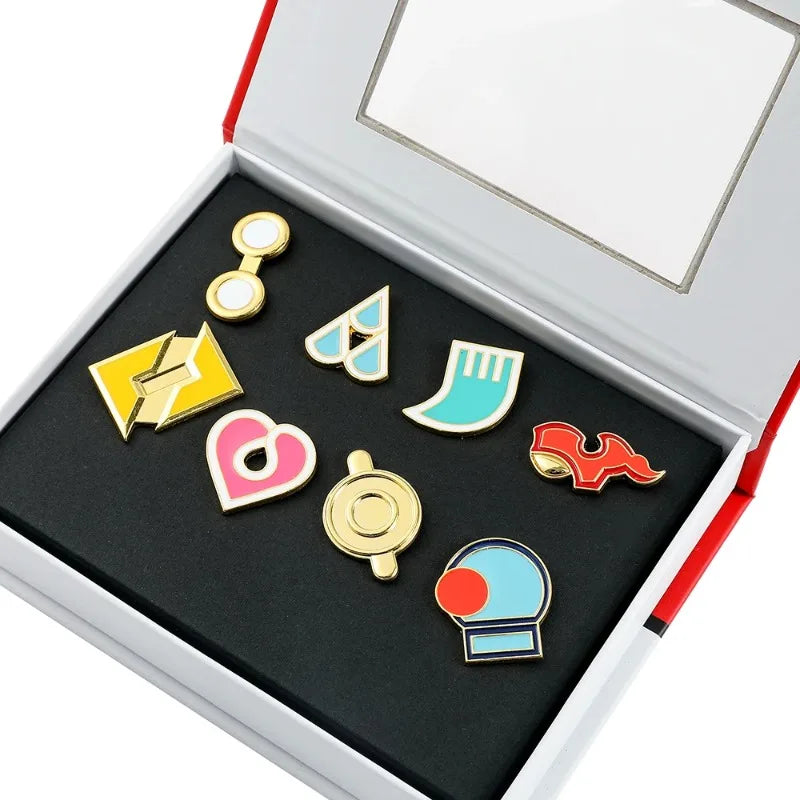 Pocket Monster Trainer Gym Badges Collection Kanto Johto Hoenn Unova Kalos Orange Islands Pins Brooches Toy for Collectors
