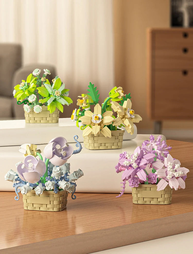 DIY MOC Potted Rose Sunflower Plants Succulents Bonsai Tree Gardens Romantic Building Blocks Model Bricks Kid Sets Kits Toy Girl