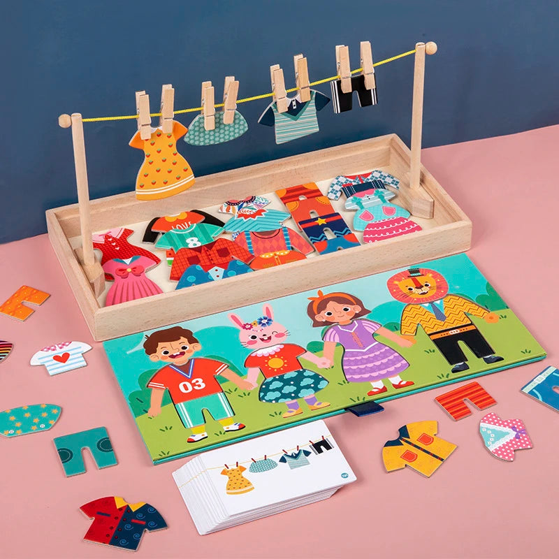 Drying Rack Clothes Dress-Up Jigsaw Puzzle Logical Thinking Matching Sorting Educational Game Wooden Toys Girls