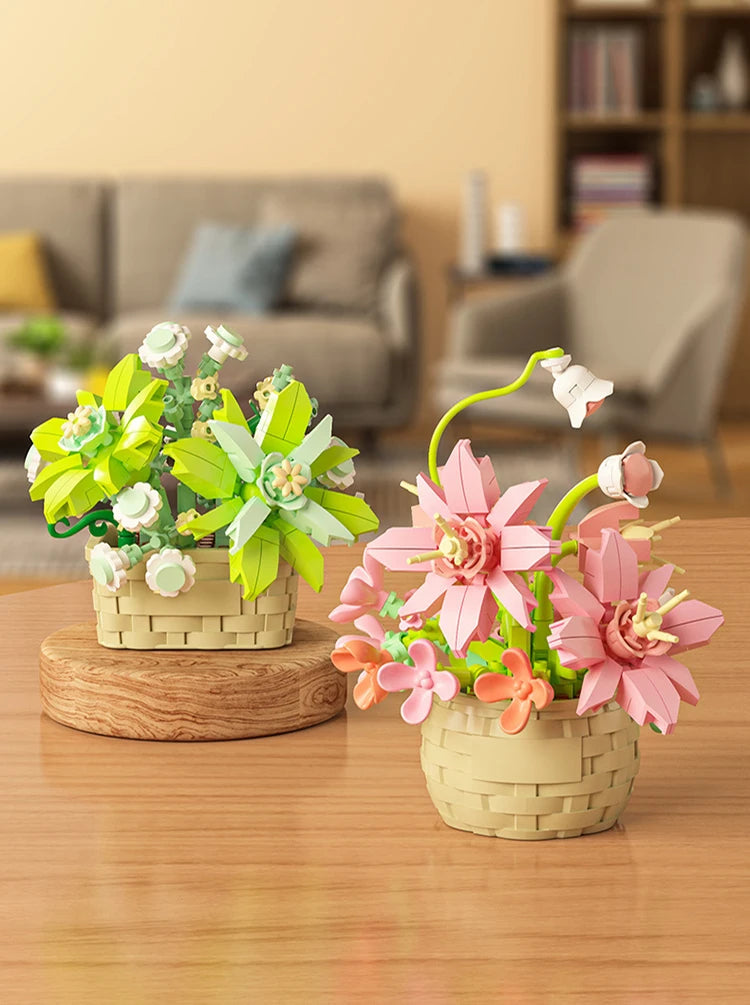 DIY MOC Potted Rose Sunflower Plants Succulents Bonsai Tree Gardens Romantic Building Blocks Model Bricks Kid Sets Kits Toy Girl