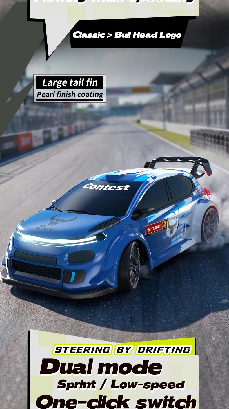 1:24 Scale 4WD Drift RC Car 2.4G Remote Pearl Finish Large Tail Fin Replaceable Racing Drift Wheel Front Rear LED Light Toy Car