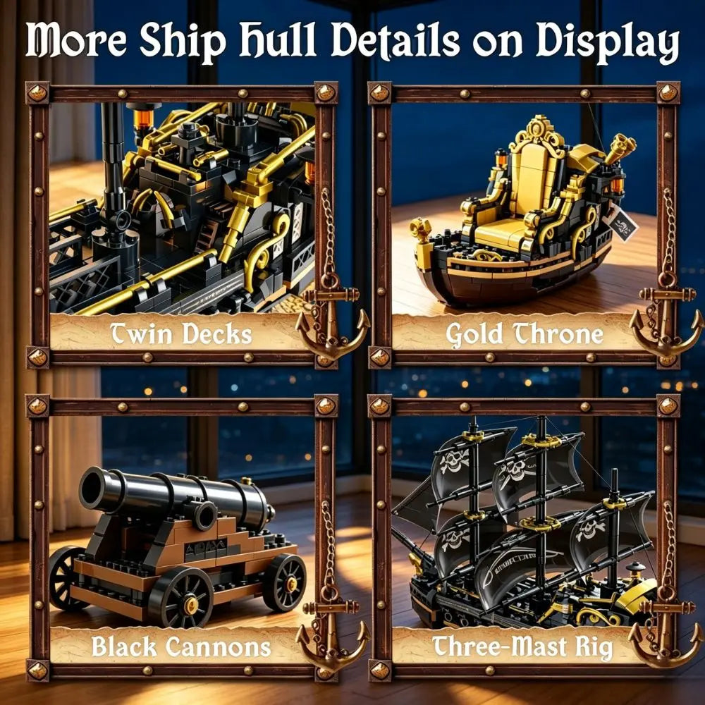 KAVOWORLD 1799 Black Sailing Pirate Ship Building Set 801PCS 3-Masted Pirate Ship Model Building Blocks Kit Collectible Display Construction Toy with Heavy Cannons & Display Base DIY Assembly Desktop Decor for Home Office, Ch
