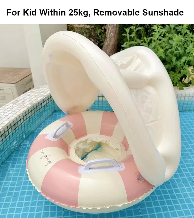 Baby Swim Ring Inflatable Summer Pool Float Seat with Canopy Sunshade Handles Cartoon Swimming Ring for Boys Girls Toddler 40lbs