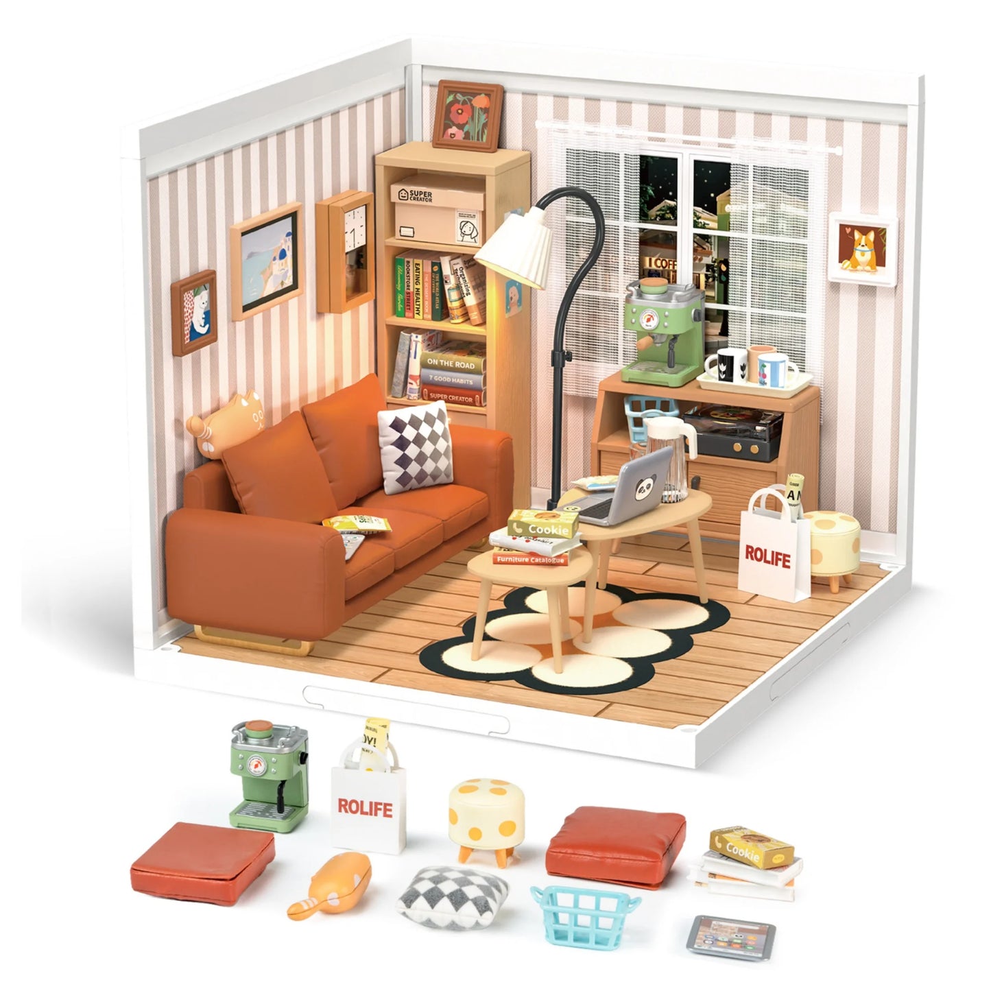 Rolife DIY Miniature House Kit Cozy Living Lounge Super Creator Dollhouse 3D Puzzle Model Building Kit with LED for Home Decor