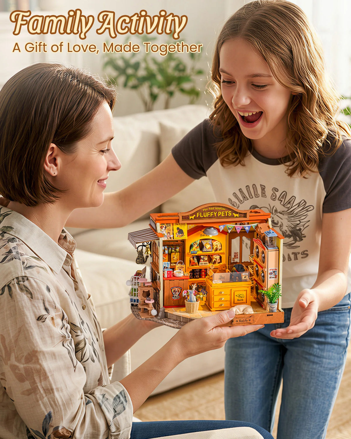 Rolife DIY Miniature House Kit Pet Store Dollhouse Wooden 3D Puzzle Model Building Kit with LED Light for Home Decor Suitable for Adults and Kids