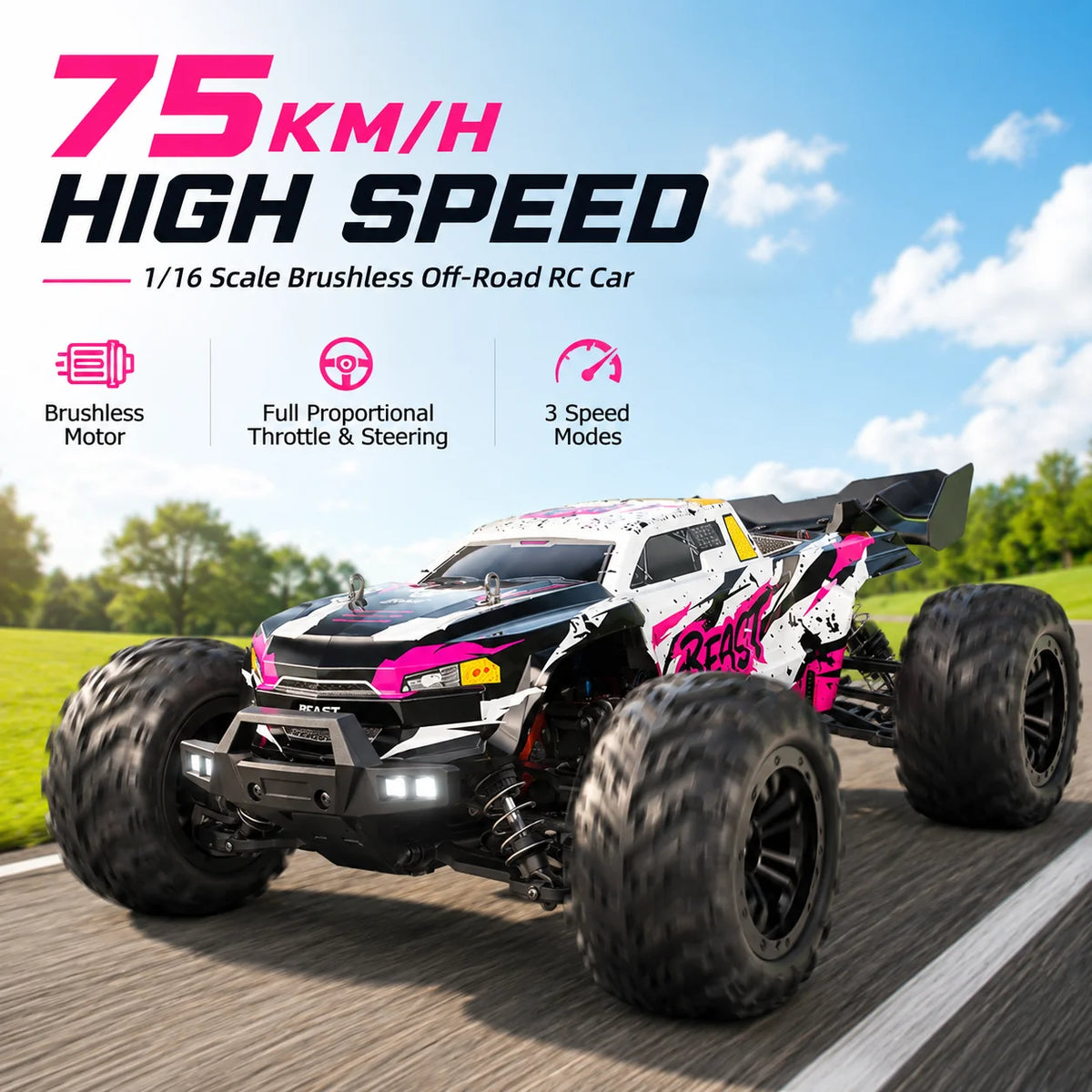 ZNLYRION 4WD Brushless RC Off-Road Monster Truck 2.4GHz 3-Speed Adjustable Remote Control Car with LED Headlights, All Terrain Big Tire Hobby RC Vehicle 2 Rechargeable Batteries RTR Toy for Adults Teens