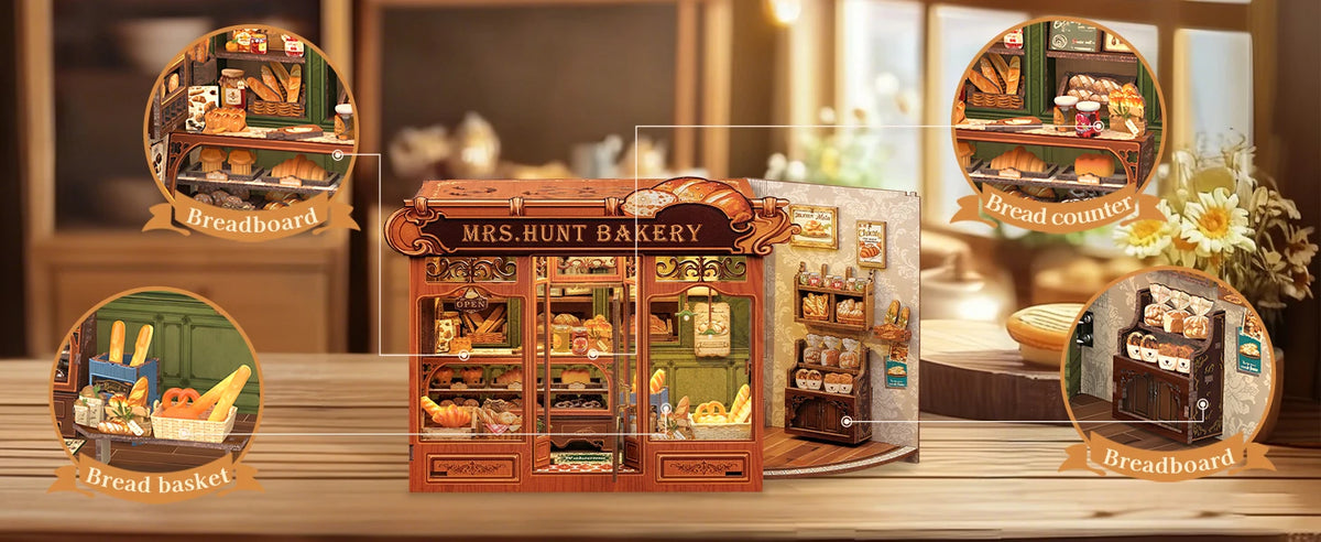 Original CUTEBEE 216pcs Mrs.Hunt Bakery Book Nook Kit DIY Miniature House Bakery Dessert Shop Dollhouse Booknook for Adults Tiny House Bookshelf Decor 3D Wooden Puzzle DIY Craft Gifts for Family Friends book nook para montar