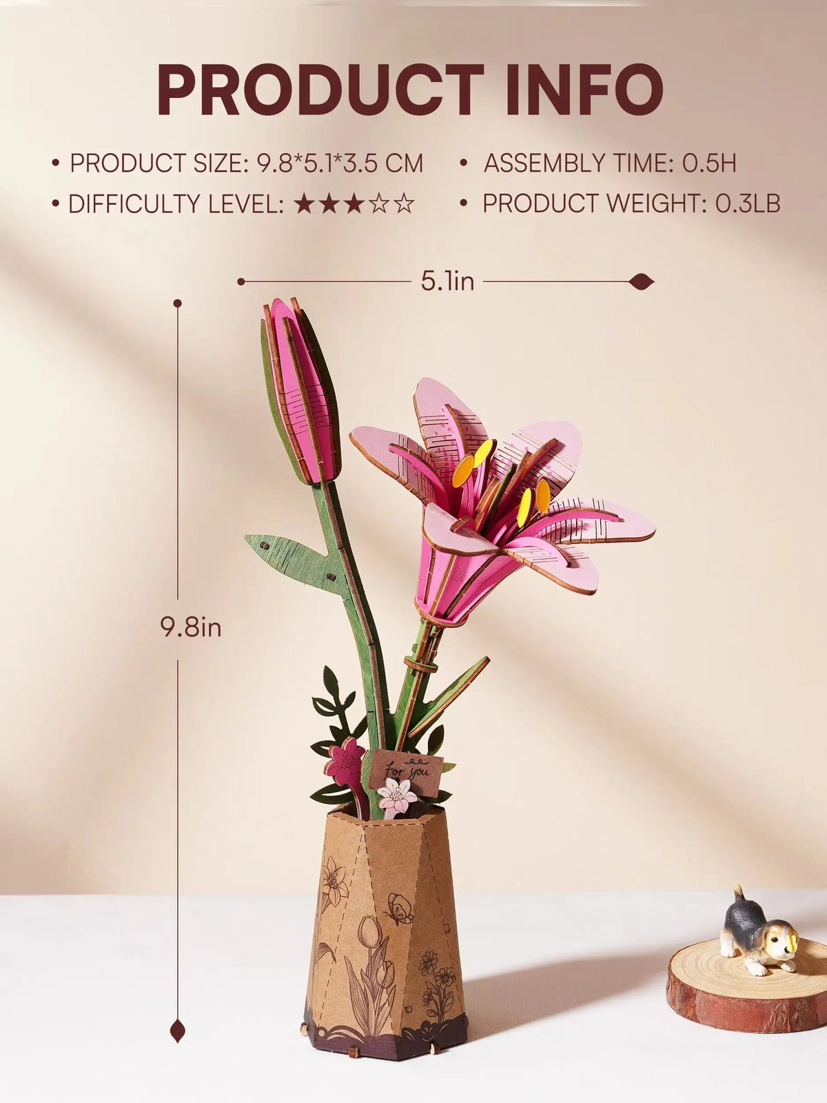 Rolife Artificial Flower Wooden 3D Puzzle Pink Lily DIY Flower Bouquet Model Building Kit for Home Decor Mother's Day Valentine's Day Gift for Mother Lover