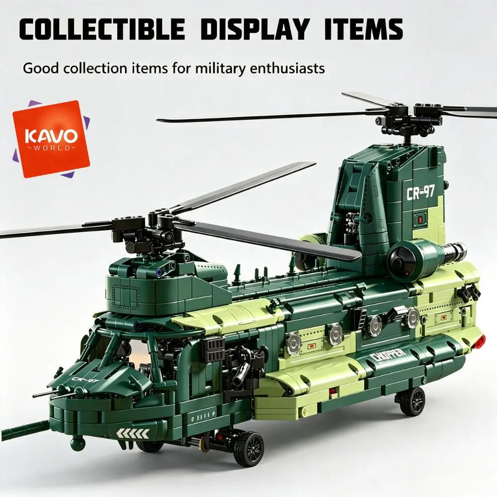 KAVOWORLD Tandem Rotor Helicopter Building Blocks 1826pcs Heavy Transport Army Aircraft Construction Bricks Model Chinook Chopper Building Kit Helicopter Toy Airplane Brick Set Rotating Propellers Cargo Ramp Rollable Wheels D