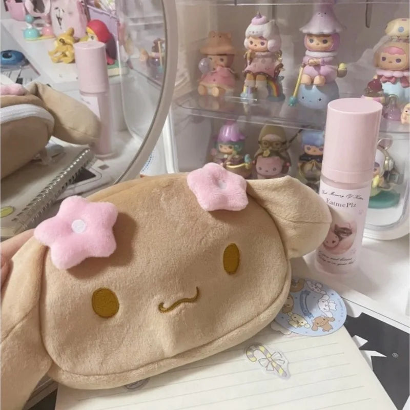 Kawaii Sanrio Mocha Brown Cinnamoroll Plush Storage Bag Niche Handheld Makeup Bag Cute Sweet Girly Pencil Case Children Gifts