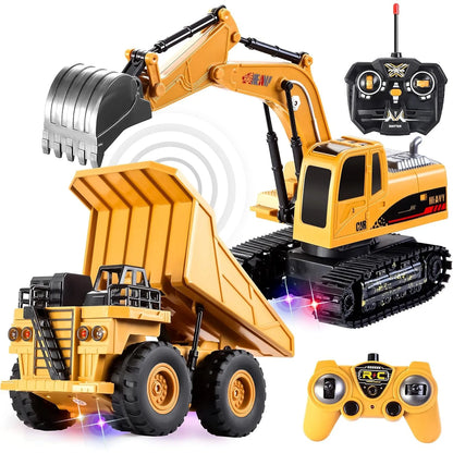 JOYFY 2 PCS Remote Control Construction Vehicle Toy Set Friction-Powered RC Excavator & RC Truck for Kid Christmas Birthday Gift