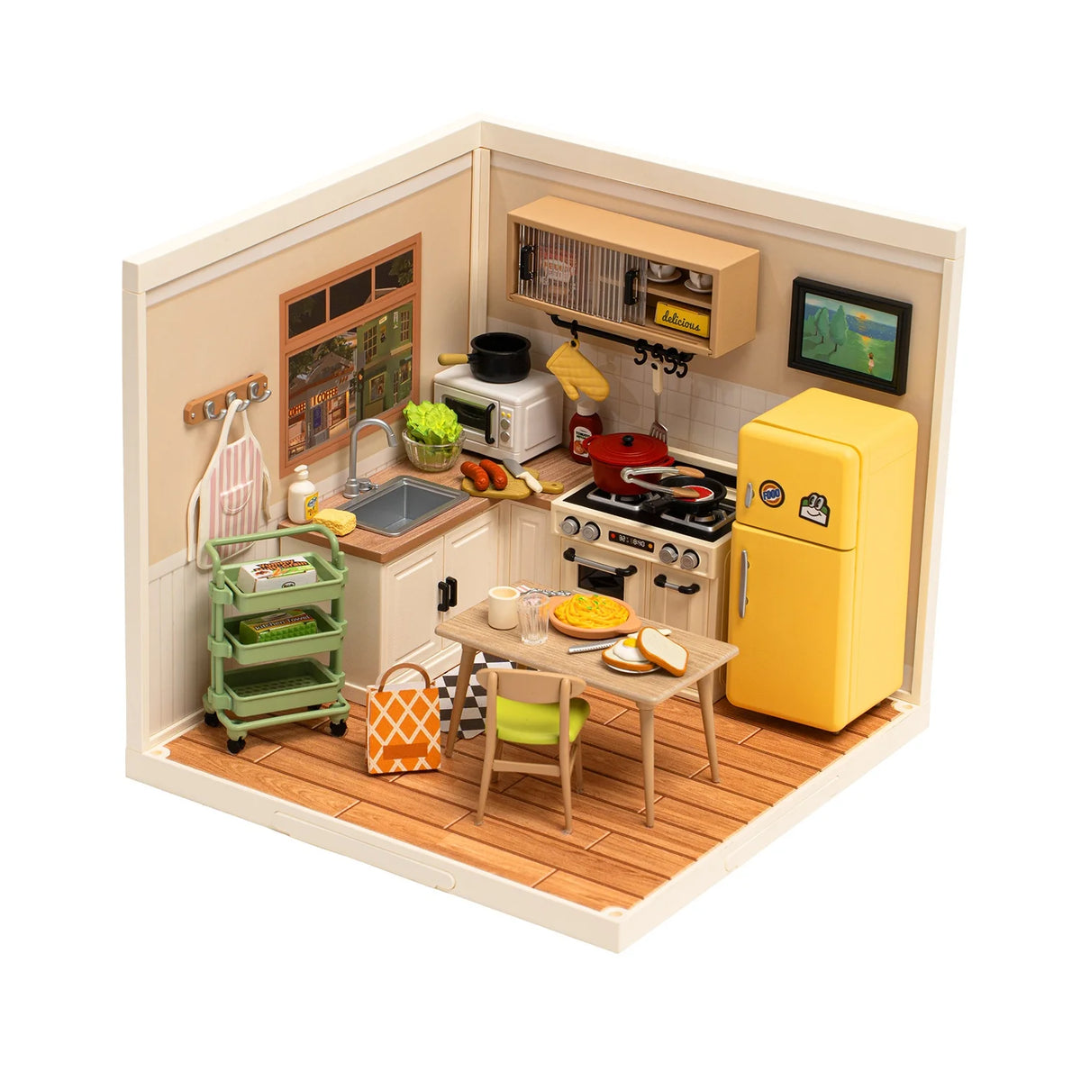 Rolife DIY Miniature House Kit Happy Meals Kitchen Super Creator Dollhouse 3D Puzzle Model Building Kit with LED for Desk Decor