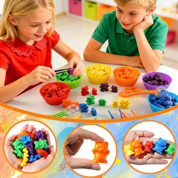 Colorful Counting Bears with Sorting Cups & Tweezers, Toddler Counting & Color Sorting Educational Toy Gift for Kids Boys Girls