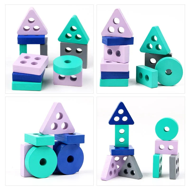Mini Montessori Wooden Building Blocks Macarone Color Shape Match Puzzle Educational Toys for Boys Girls Toddlers