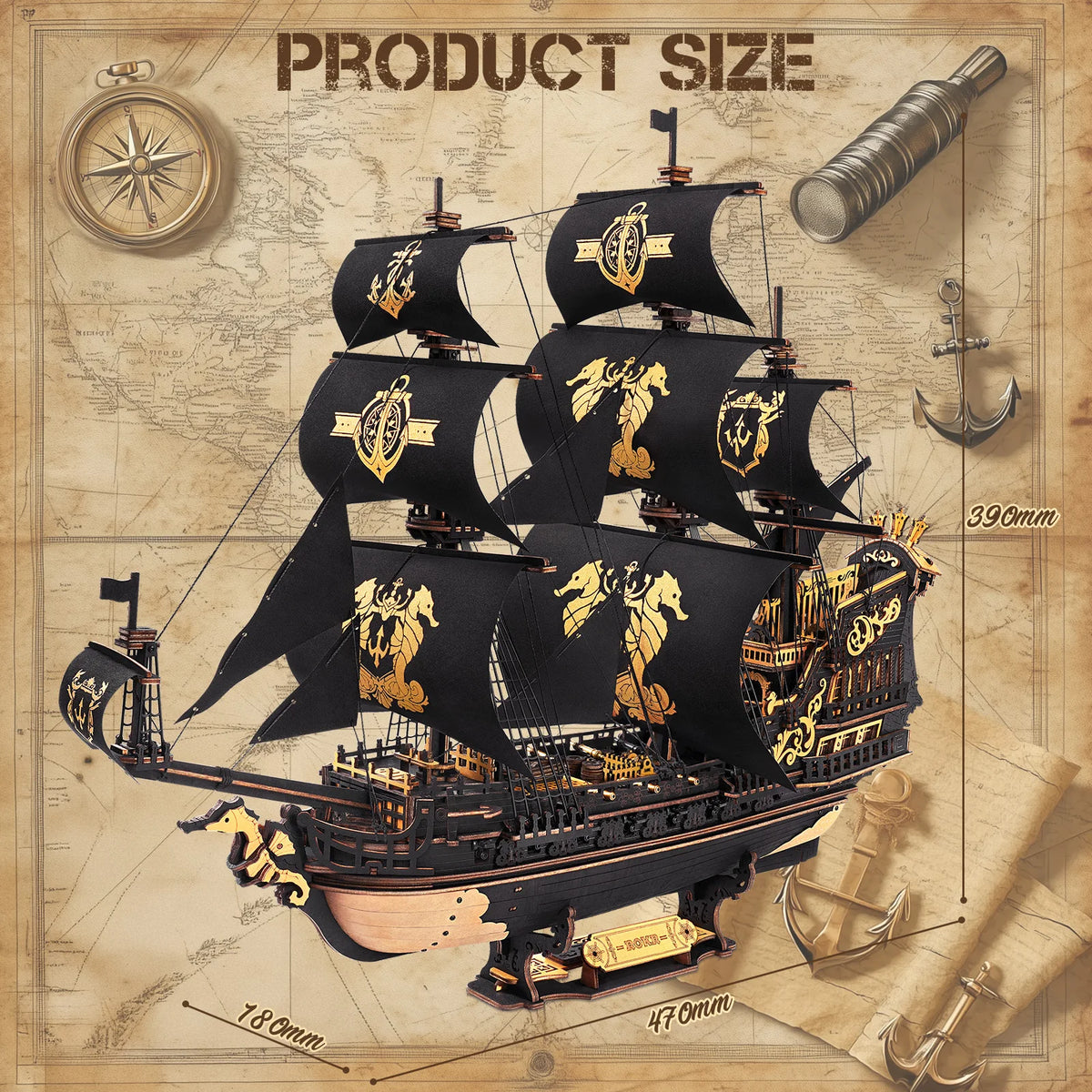 ROKR Seahorse Barque Wooden 3D Puzzle 1:100 Scale DIY Sailboat Model Building Kit 603 Pieces Brain Teasers Jigsaw Toy for Adults Boys