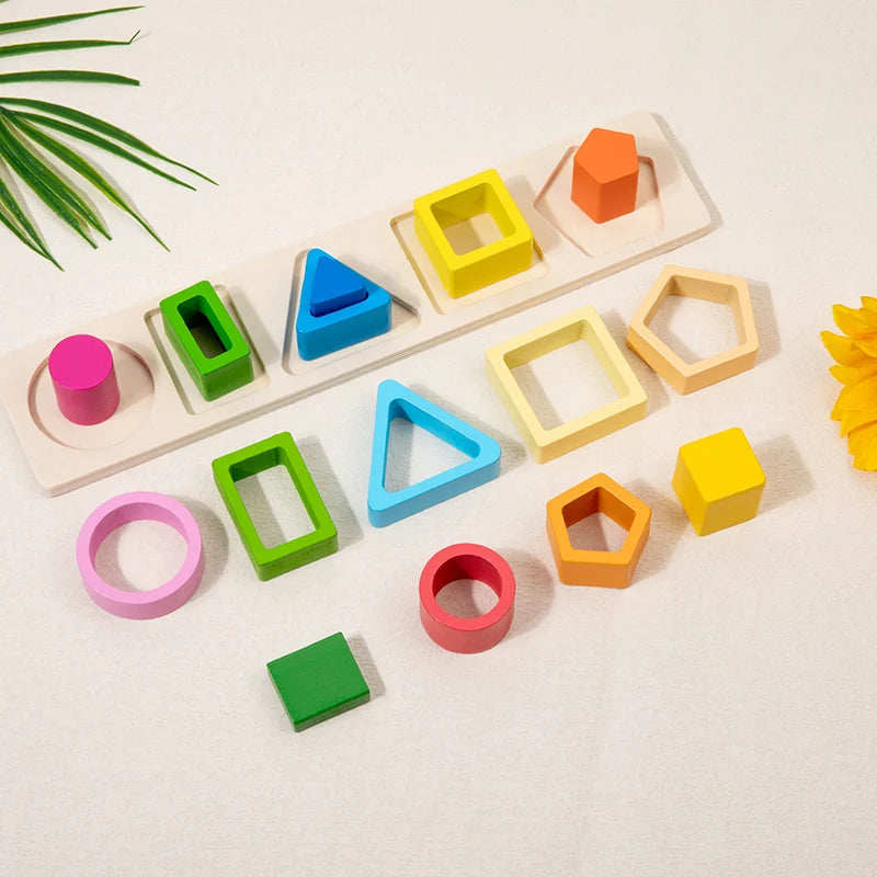 Geometric Shape Sorting Stacking Intelligence Development Blocks, Wooden Early Education Matching Toys, Color, Shape Cognition