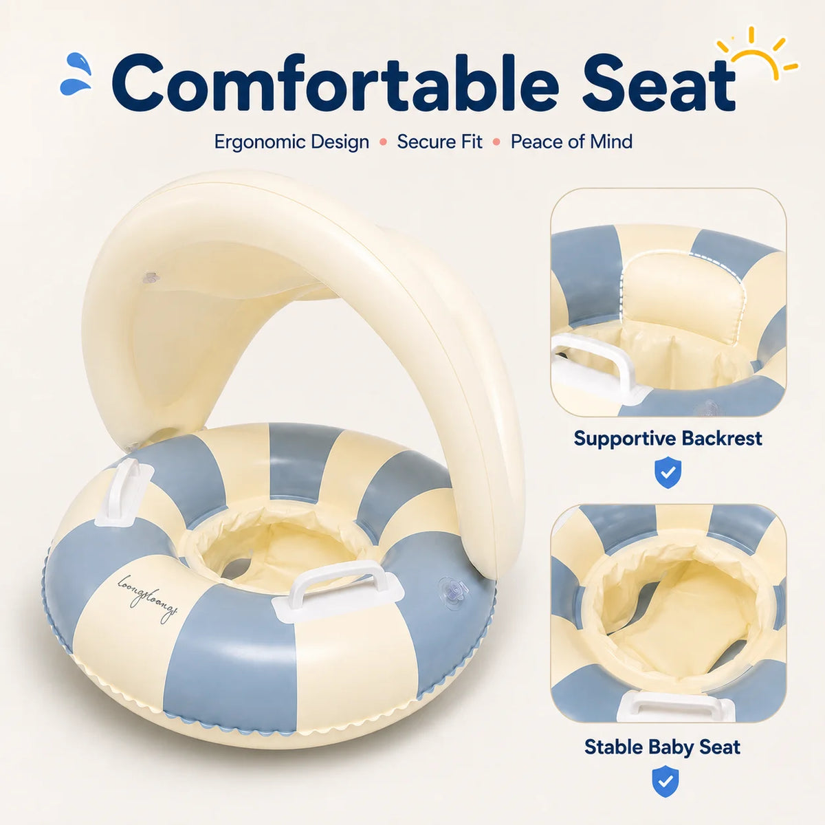 Baby Swim Ring Inflatable Summer Pool Float Seat with Canopy Sunshade Handles Cartoon Swimming Ring for Boys Girls Toddler 40lbs