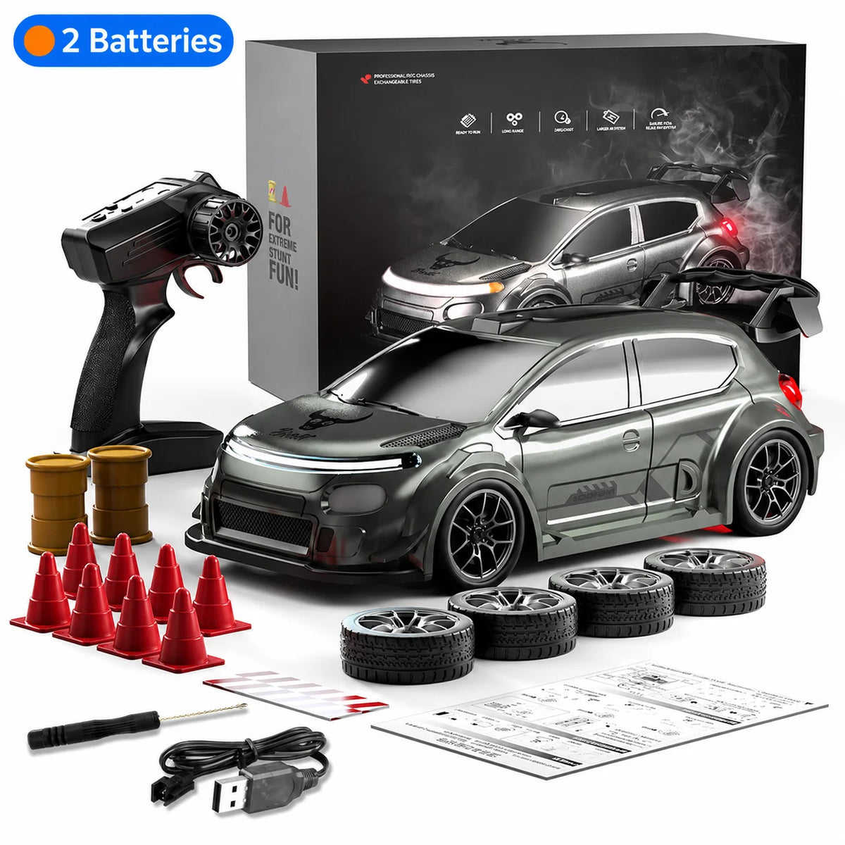 1:24 Scale 4WD Drift RC Car 2.4G Remote Pearl Finish Large Tail Fin Replaceable Racing Drift Wheel Front Rear LED Light Toy Car