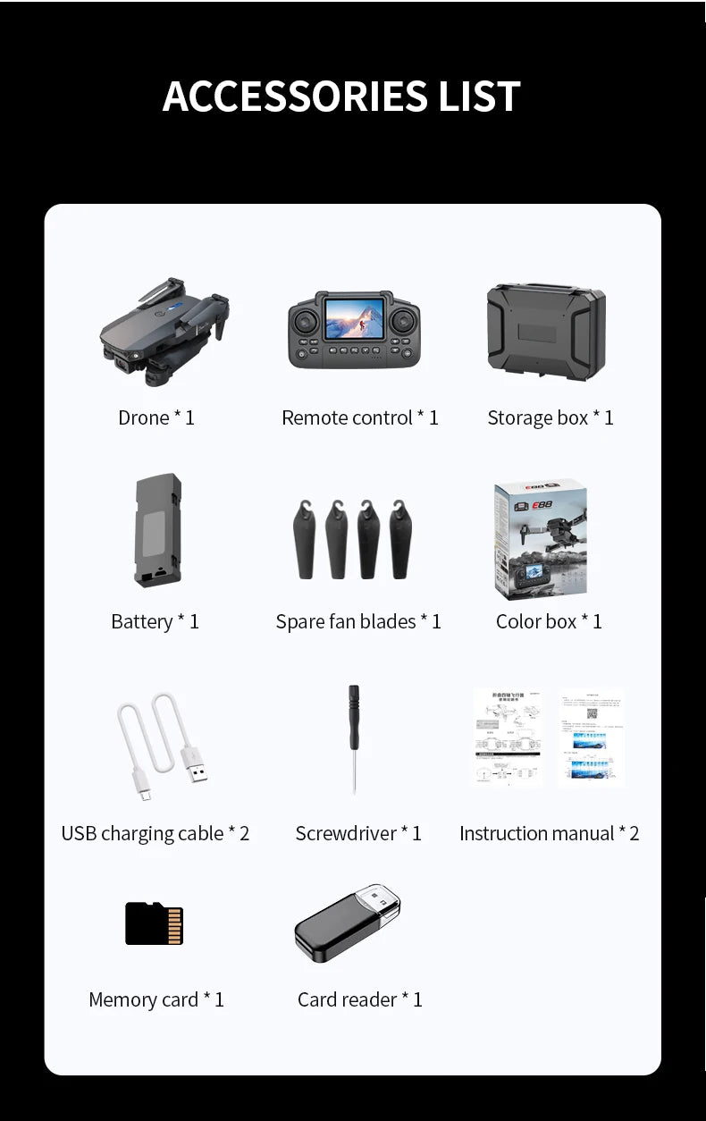 E88 Pro Foldable Drone Dual HD Camera Optical Flow Positioning 2.4G Signal 100M Remote Range One Key Takeoff Landing Return Outdoor Aerial Drone