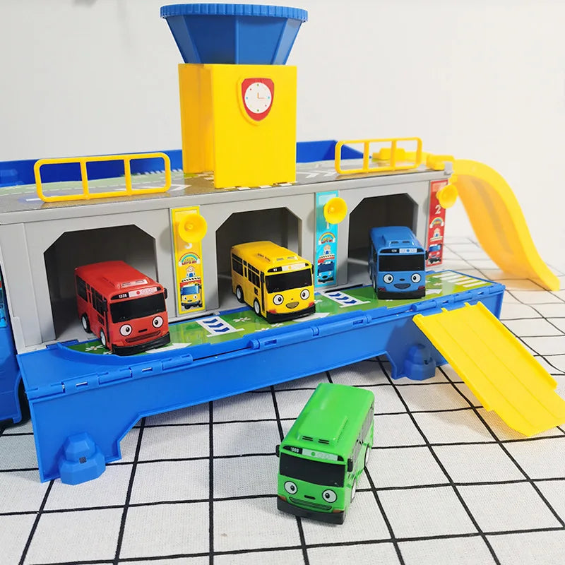 Tayos Cartoon The Little Bus Container Truck Storage Box Parking Lot With 3 Pull Back Mini Car Toys For Children Birthday Gifts