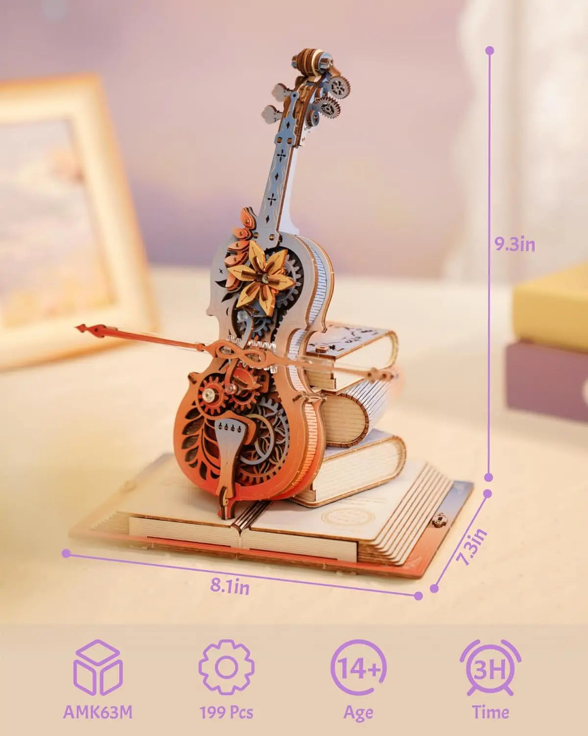 ROKR Wooden 3D Puzzle Music Box - Magic Cello Automatic Playing Mechanical Model Building Kit for Desktop Decor Holiday Gift for Adults Teens