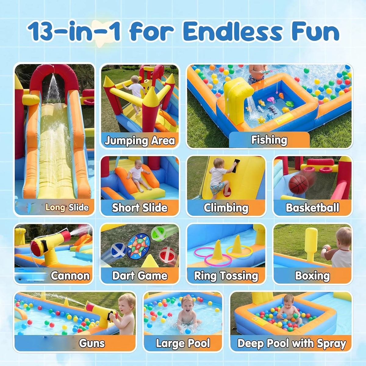 Jump 'N Slide Inflatable Bouncer for Kids, Heavy Duty Blower, Stakes Repair Patches Storage Bag, Indoor Outdoor Bounce House