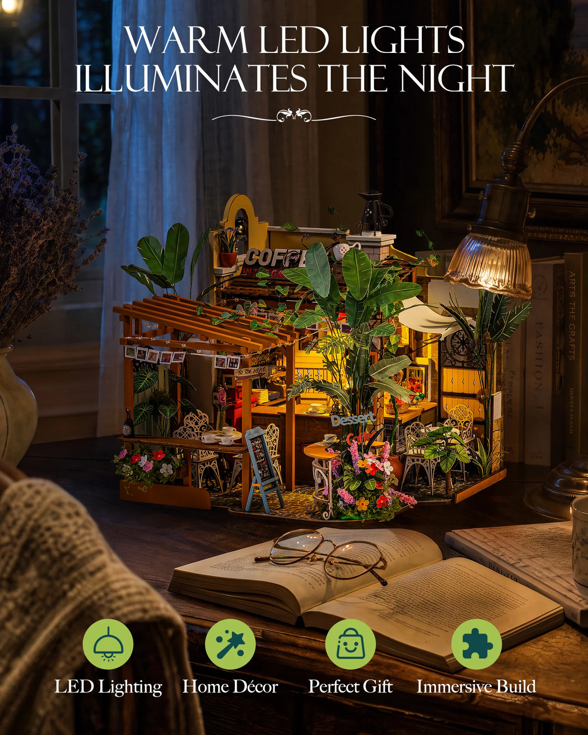 Rolife Wooden Dollhouse 3D Puzzle Leafree Café DIY Miniature House Model Building Kit with LED Light for Home Decor Brain Teasers Jigsaw DIY Craft Kit for Holiday Gift