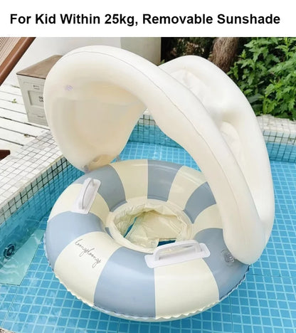 Baby Swim Ring Inflatable Summer Pool Float Seat with Canopy Sunshade Handles Cartoon Swimming Ring for Boys Girls Toddler 40lbs